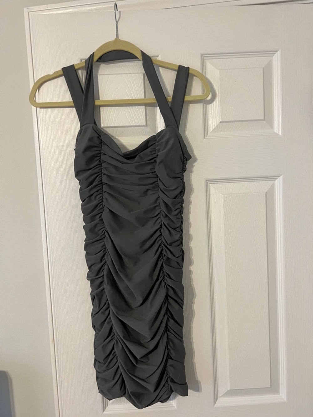 Tiger Mist Charcoal Gray Ruched Mini Dress with Wide Straps